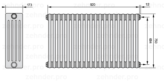 Схема (чертеж) Радиатор Zehnder Charleston 5075/20 №7610 Белый глянцевый RAL 9016